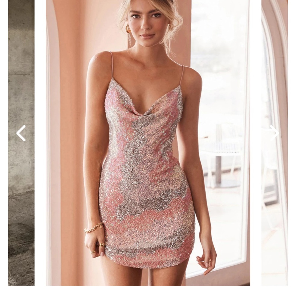 SHOW ME LOVE COWL NECK MINI DRESS SEQUIN PEACH/SILVER